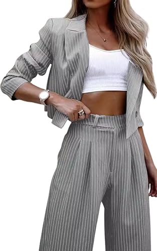 Women's 2 Piece Blazer Set Striped Cropped Blazers Jacket High