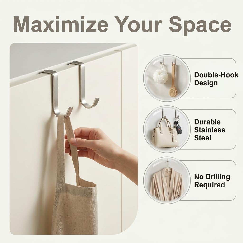 8 Pcs Cabinet Hooks, Stainless Steel Double S Shaped Door Hooks for Hanging, No Drill Over Door Towel Hook for Kitchen Cabinet, Bathroom, Wardrobe, Drawer, Office Cubicle image 5