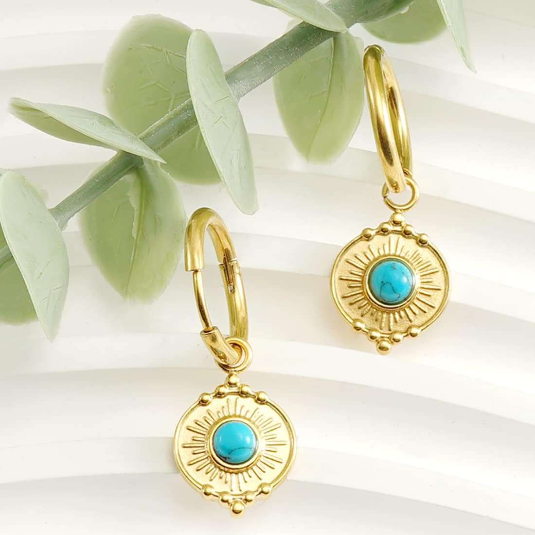 18K Gold Plated Minimalist 316L Titanium Steel Turquoise Hoop Earrings Jewelry