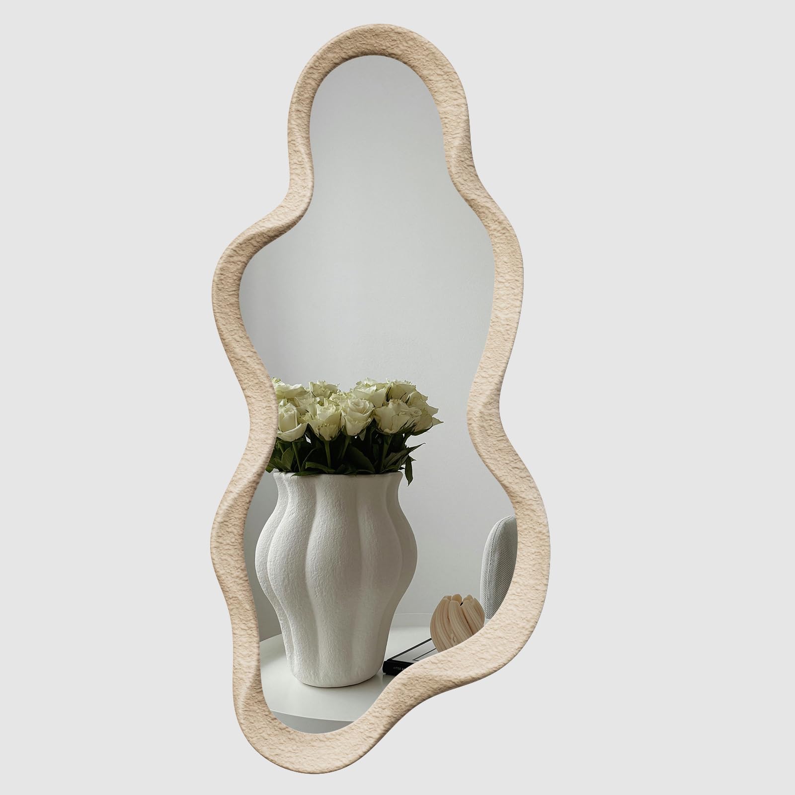 30"x 14" Irregular Wall Mirror, Beige Wooden Framed Wall Mirror, Asymmetrical Wavy Wall Mirror for Living Room Bedroom Entryway Bathroom Modern Decorative Mirror with Hanging Hooks