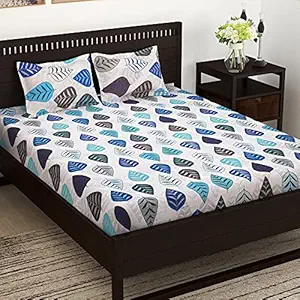 Story@Home 144 TC Cotton Bedsheet for Double Bed with Two Pillow Covers, Blue and Brown