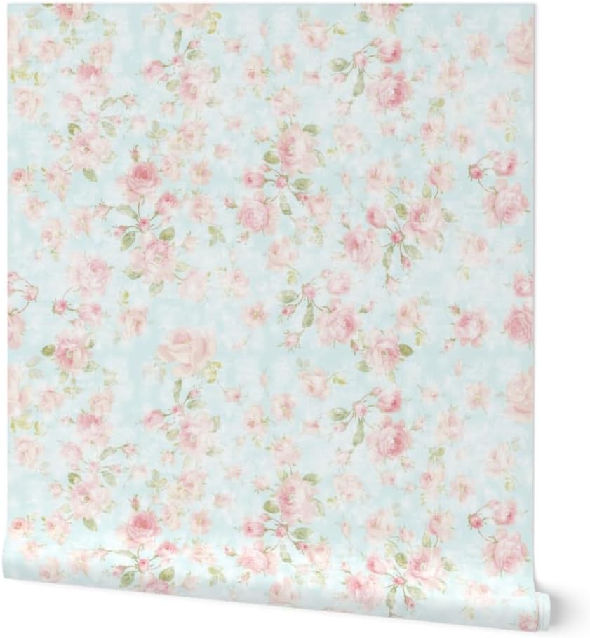 Spoonflower Removable Wallpaper 6ft x 2ft - Romantic Rose Shabby Chic Retro 90S Pink Floral Faded Blue Pastel Chintz Cottagecore Custom Pre-Pasted Wallpaper