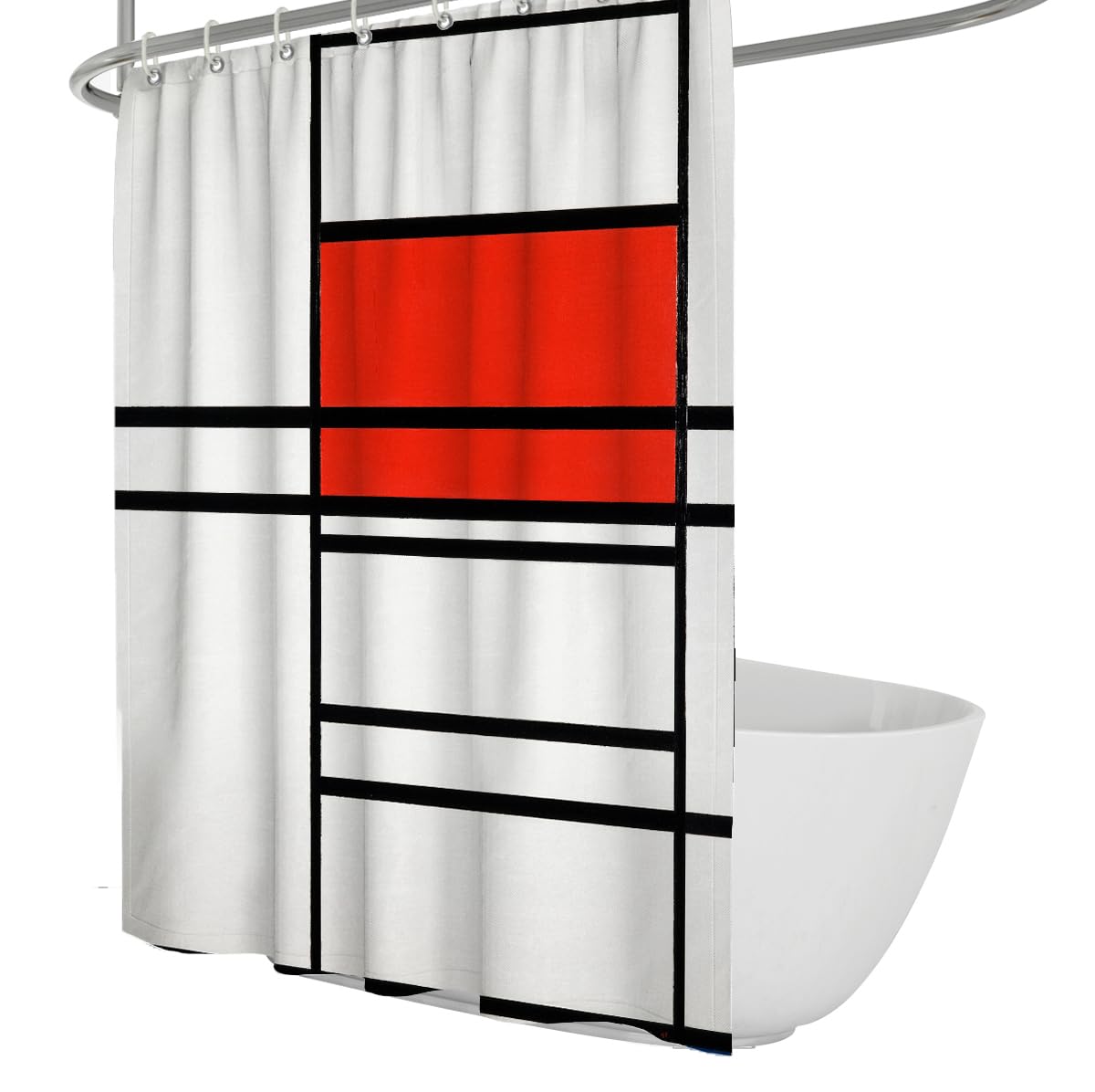 OLLIAR Home Contemporary Geometric Shower Curtain Abstract Black Lines Large Red Rectangle Art Waterproof Fabric Bathroom Curtain Set with Hooks 200x220cm