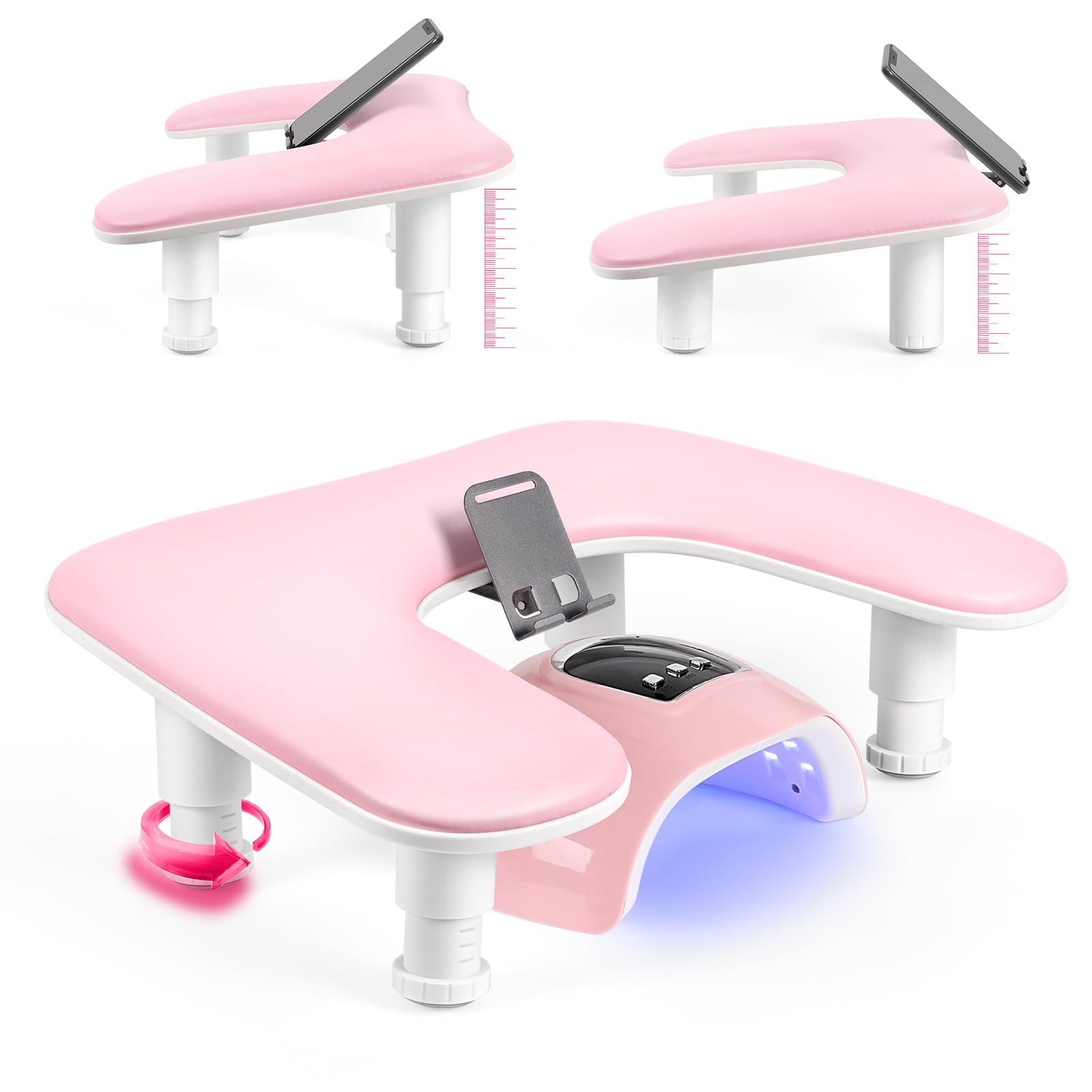 Reposabrazos para uñas para la mano: cojín de mano ajustable con altura y soporte para teléfono giratorio de 360° – Reposabrazos para uñas de cuero PU rosa para uso en salón de uñas y en casa