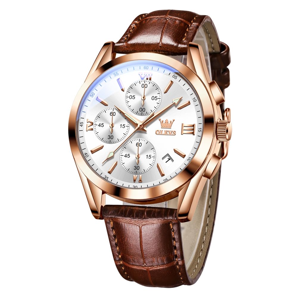 OLEVS Herrenuhr Lederarmband Mondphase Freizeit Klassisch Analog Quarz Kalender 3ATM Wasserdicht Leuchtende Armbanduhr Herren