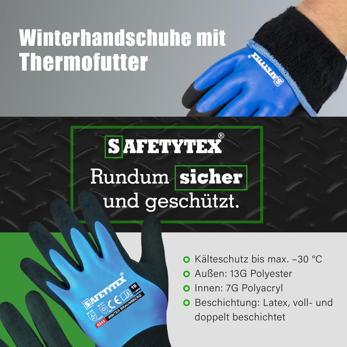 Safetytex Winter Arbeitshandschuhe wasserdicht Thermo Latex (Gr.10, 6 Paar)