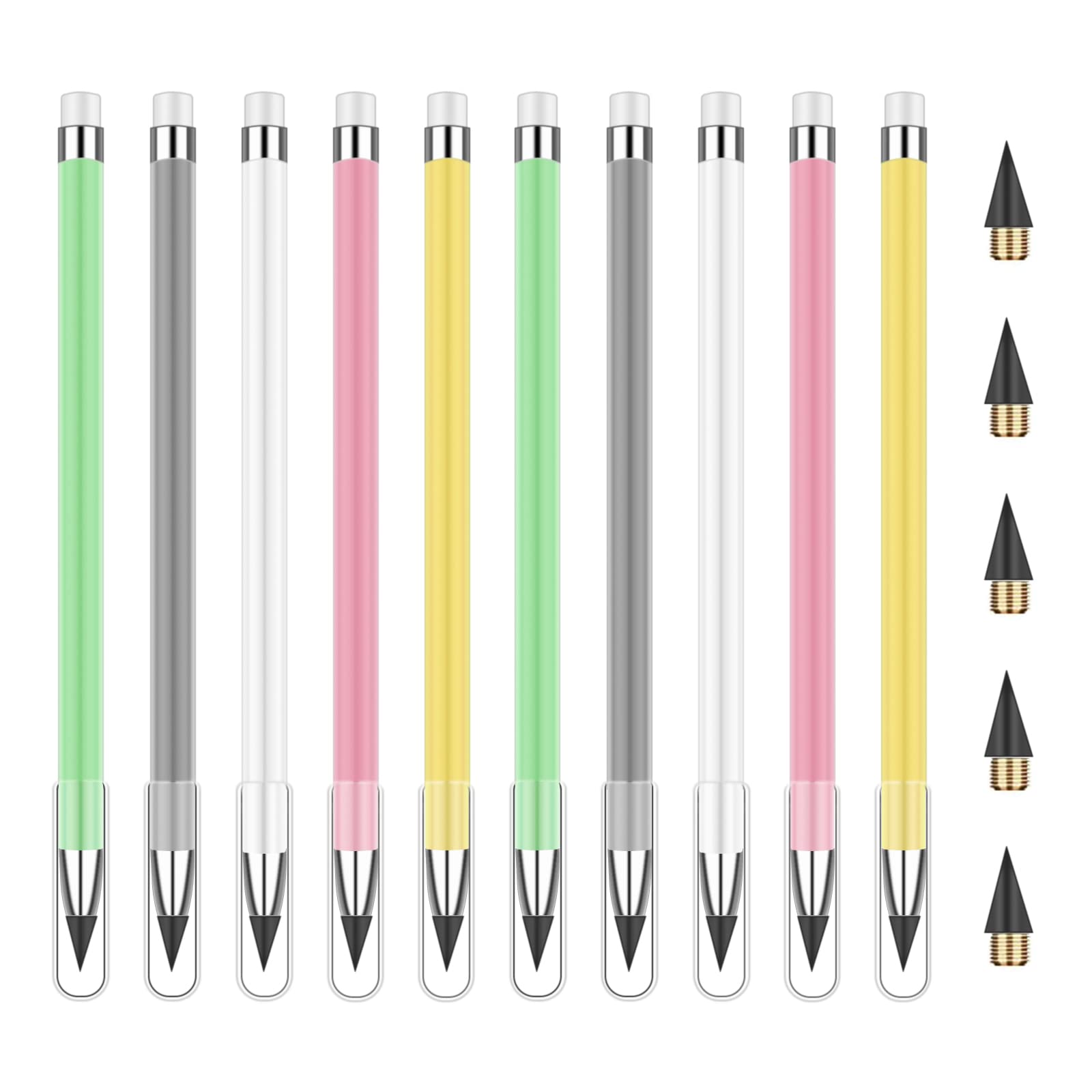 10pcs Inkless Pencil, Eternal Pencil Inkless Unlimited with 5pcs Replaceable Nibs Infinite Pencil for Writing Drawing School Office, Infinity Pencil Everlasting Pencil Endless Pencil Forever Pencil