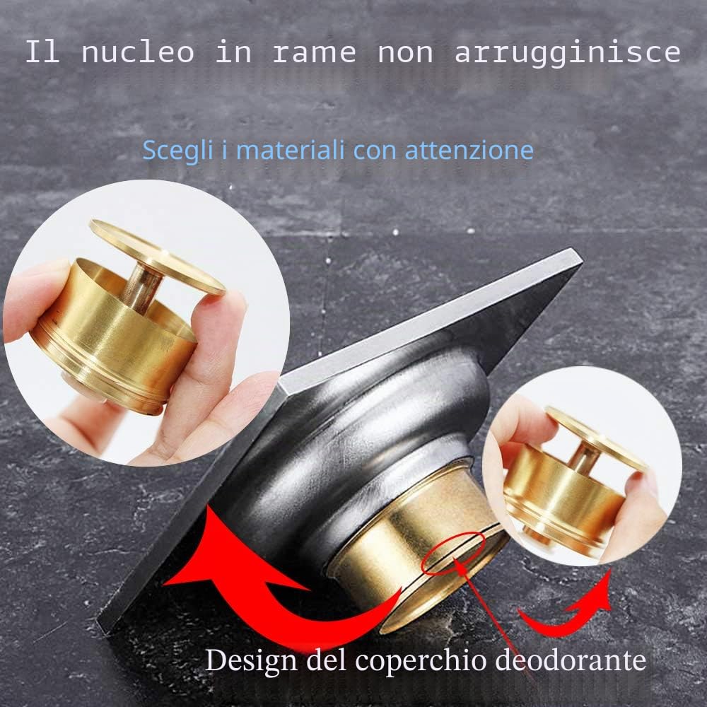 Scarico per doccia quadrato sifone per pavimento antiodore, in acciaio inox scarico del pavimento con filtro per bagno, giardino, 100 mm x 100 mm