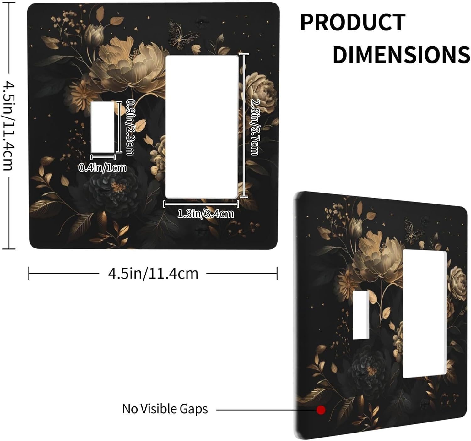 Black Gold Rose Floral Peony Flower Leaves Butterfly 2 Gang Combination Light Switch Covers Decorative Toggle Rocker/Decora Wall Plate Electrical Receptacle Switchplate Plug Faceplate Decor