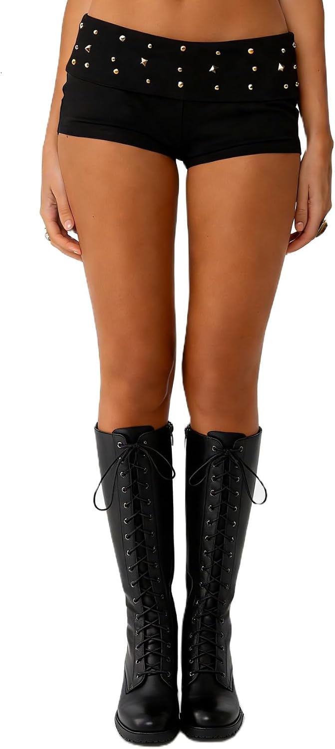 Women Studded Fold Over Micro Shorts Elastic Low Rise Rivet Embroidered Mini Shorts Y2K Punk Foldover Boxers