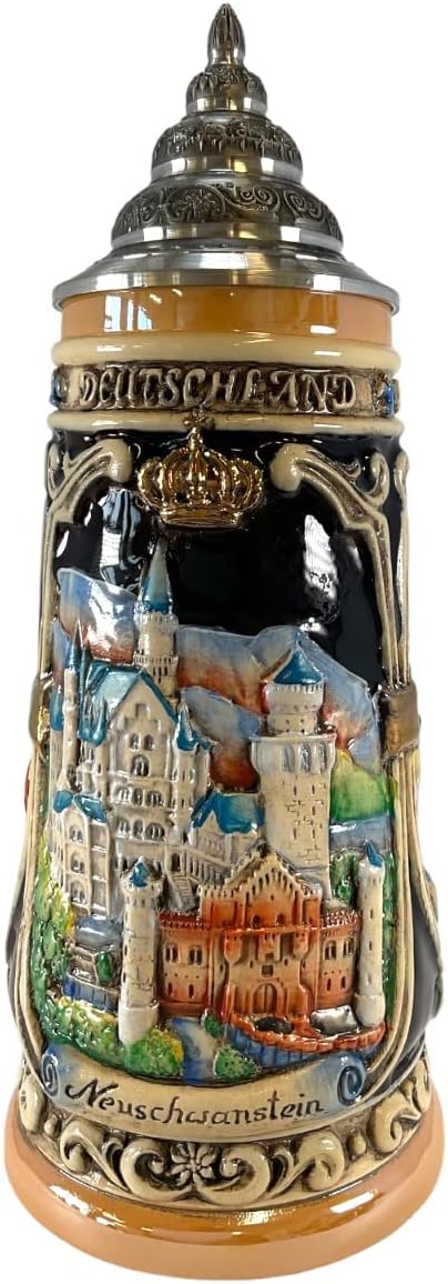 Pinnacle Peak Trading Company Neuschwanstein Castle LE Relief German Beer Stein .5L Bavaria Germany Stoneware with Pewter Lid ONE Mug
