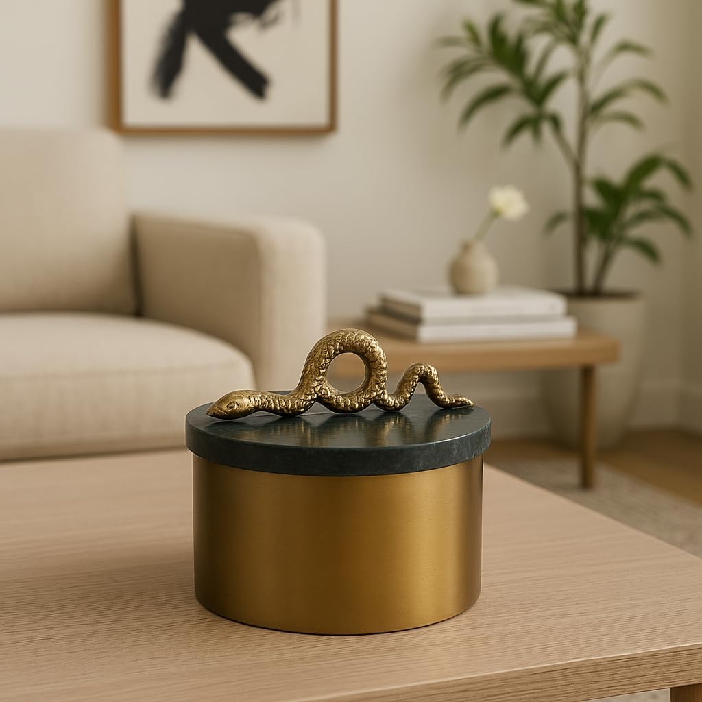 Modern Decorative Box for Home Decor with Lid – Round Jewelry Box with Sculptural Snake Handle – Compact Home Organizer and Decor Box for Living Room, Bedroom, or Office – 5" Green & Gold