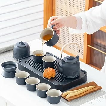 ICHAG Chinese Tea Set, Japanese Tea Sets for Adults, 15-Piece Porcelain Gongfu Tea Set with Tea Pet & Tea Tray, Japanese Teapot Set, Travel Tea Party Set, for Home/Office/Outdoor/Gifts (Black)