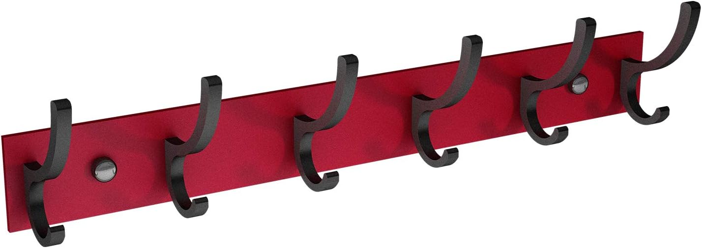 Wall Mounted Coat Rack,6 Double hoook,Coat Hat Robe Towel Hanger for Bathroom,Entryway,Bedroom,Kichten,Closet,Heavy Duty Aluminum (Red)