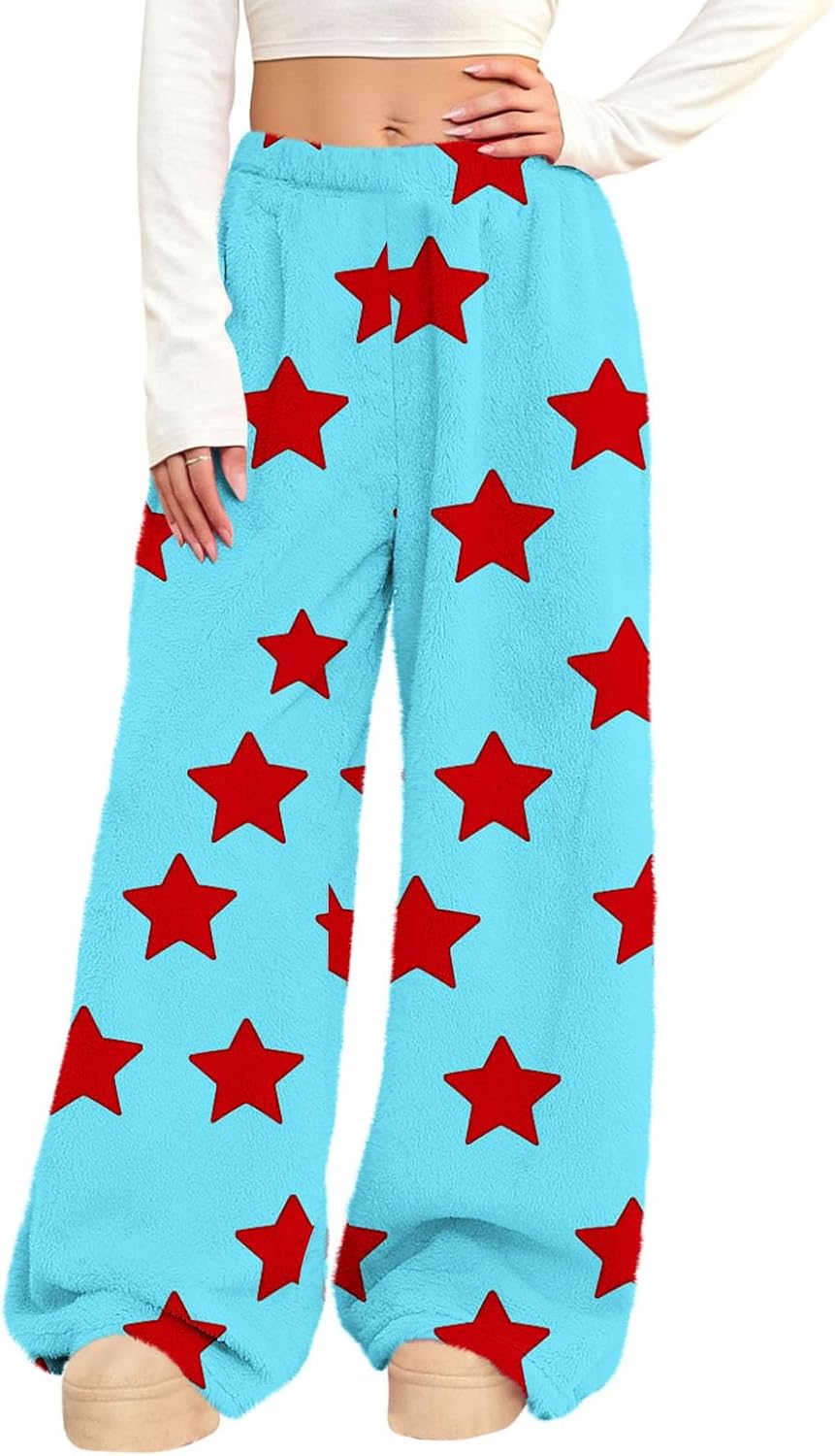 Women Star Print Pants Flannel Pajama Pant Lounge Wide Leg Baggy Sweatpants Elastic High Waist Winter Warm Trousers