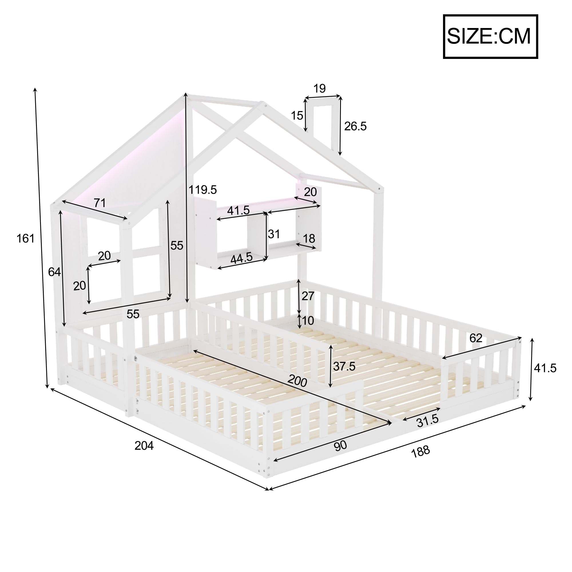 Lettino per Bambini 90×200 cm, Letto Matrimoniale Indipendente in Stile Casa, Funzione Atmosferica, Recinzione di Sicurezza e Superfici di Appoggio, Legno + MDF, Completo di Rete a Doghe per