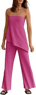 Womens 2 Piece Outfits Asymmetrical Tube Top Wide Leg Pants Knit Vacation Travel 2025 Matching Lounge Sets