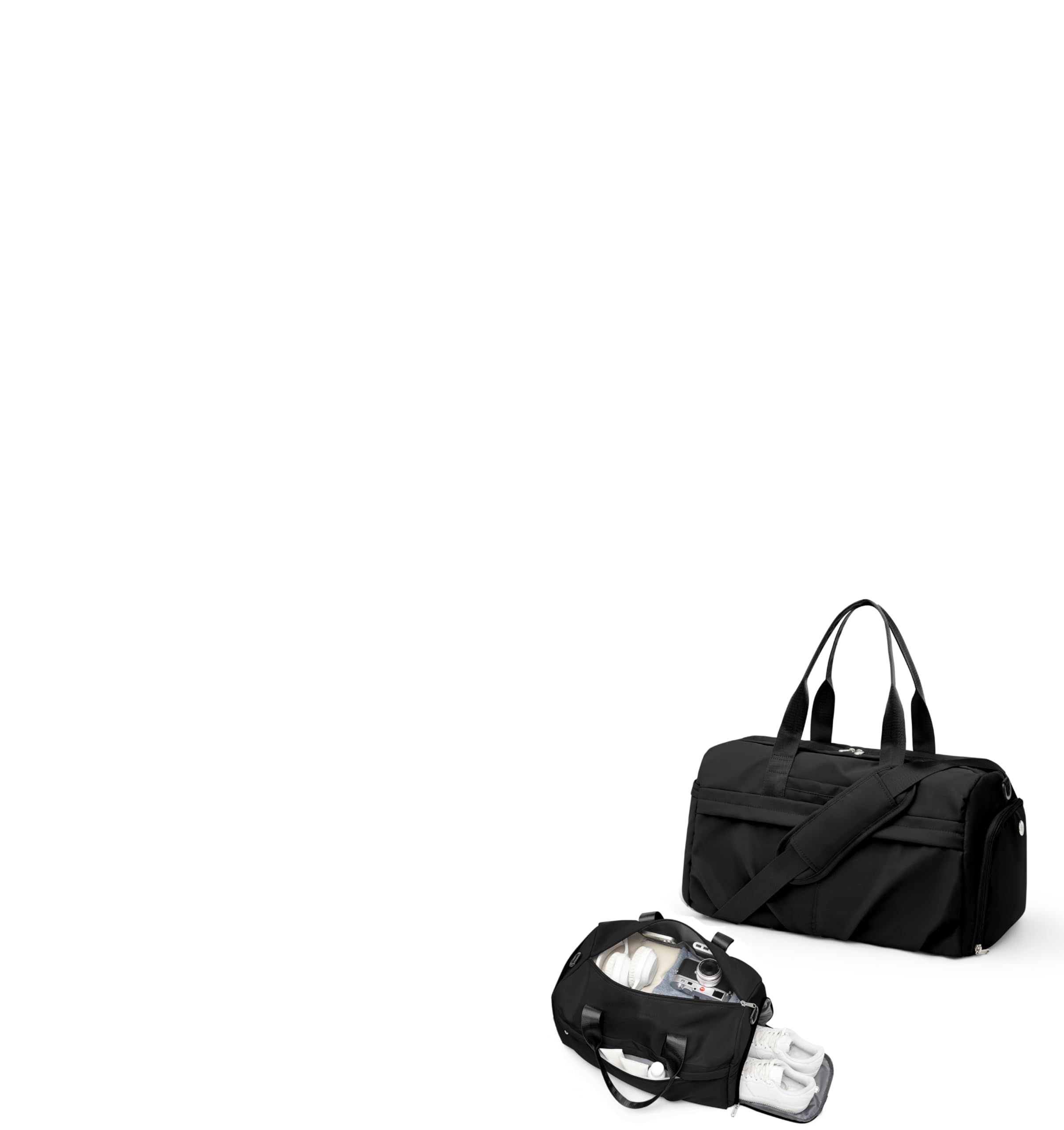 Gym Bag for Women Men with Shoe Compartment, Sport Duffel Bag, Waterproof Travel Weekender Overnight Carry on Bag for Yoga with Trolley Sleeve, Black, A-Black, Shoe Compartment