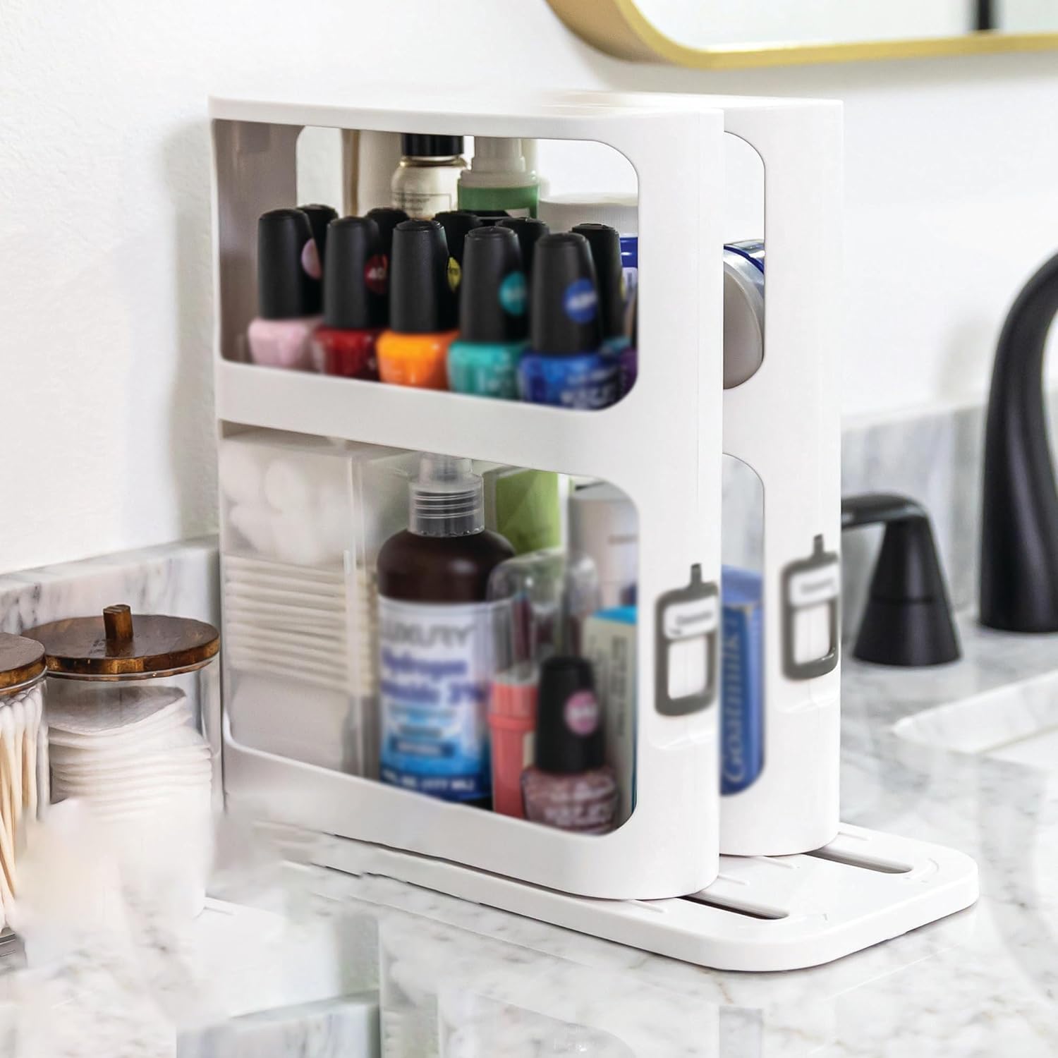 THE WHITE SHOP (White | Pull-and-Rotate Spice Rack Organizer | 2 Double-Decker Shelves | Modular Design | Non-Skid Base | Stores Prescriptions, Essential Oils | 10.8" H x 5.25" W x 10.8" D