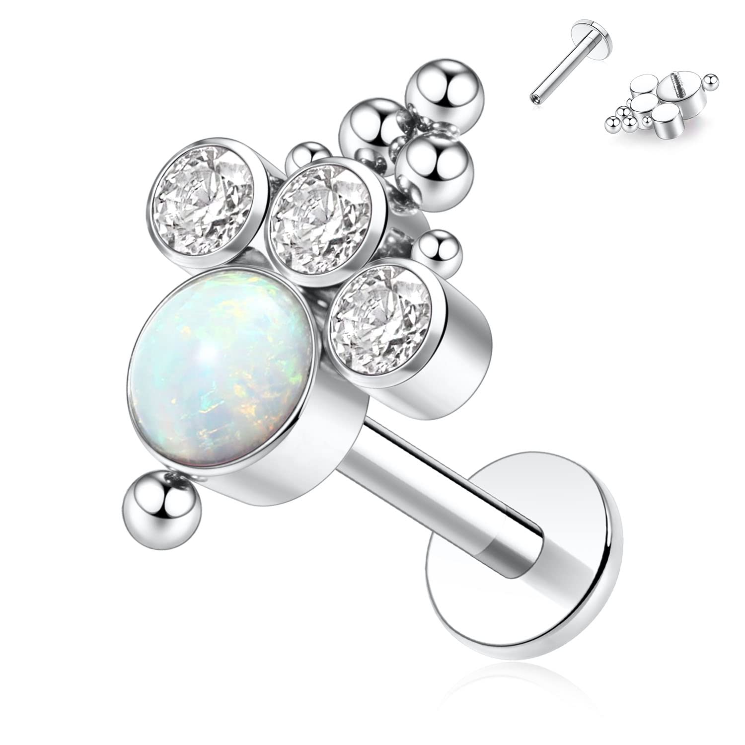 AROWRO 16G Labret Studs Lip Rings G23 Titanium Monroe Lip Piercing Jewelry Internally Threaded Helix Tragus Cartilage Conch Earring Women Girls Piercing Jewelry CZ Opal — view 15