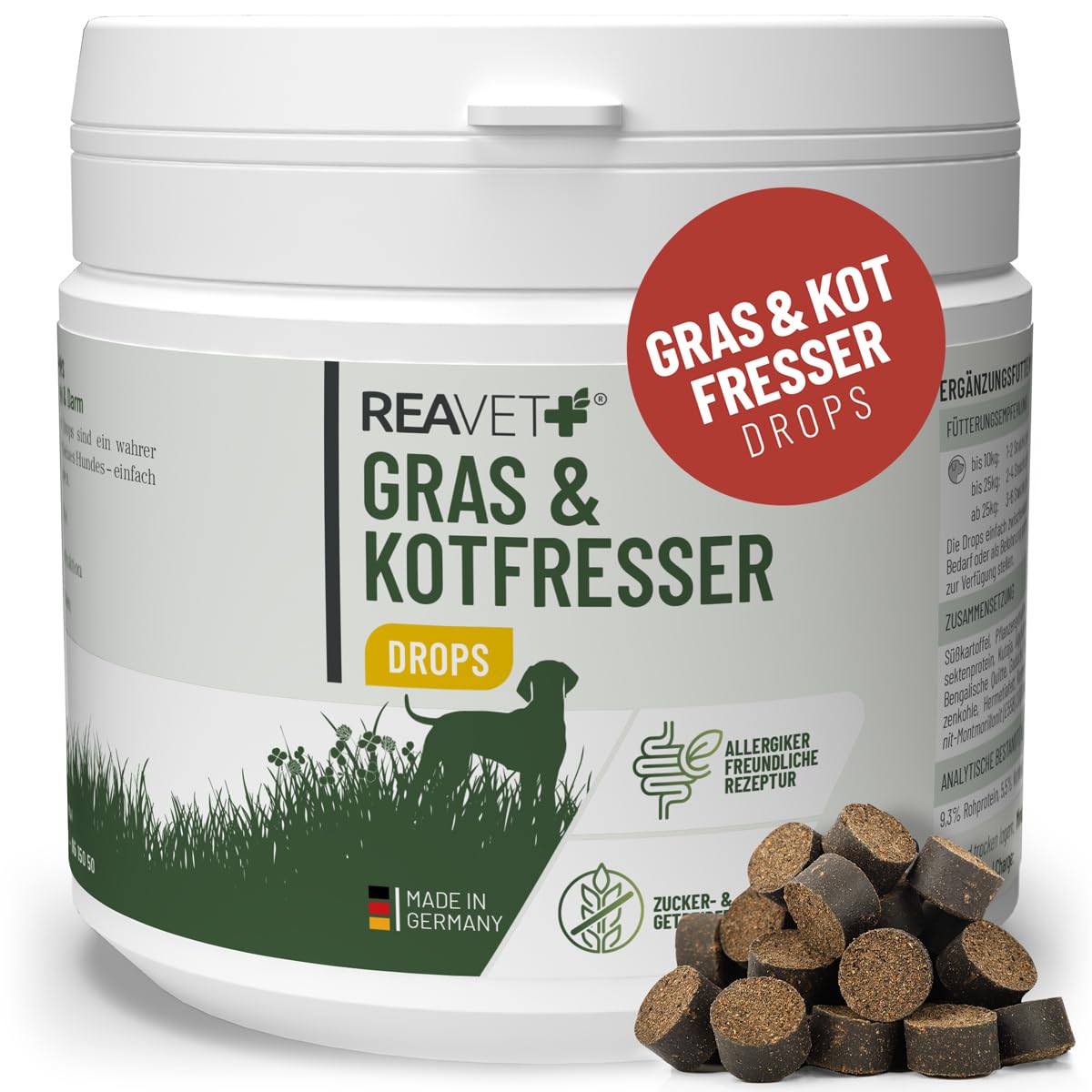 ReaVET Gras & Kotfresser Drops für Hunde – bei Fressen von Gras & KOT – beruhigt den Magen & reduziert Sodbrennen – Grasfresser Drops mit Heilerde, Ayurvedische Heilpflanze I 350g (180 Stück)