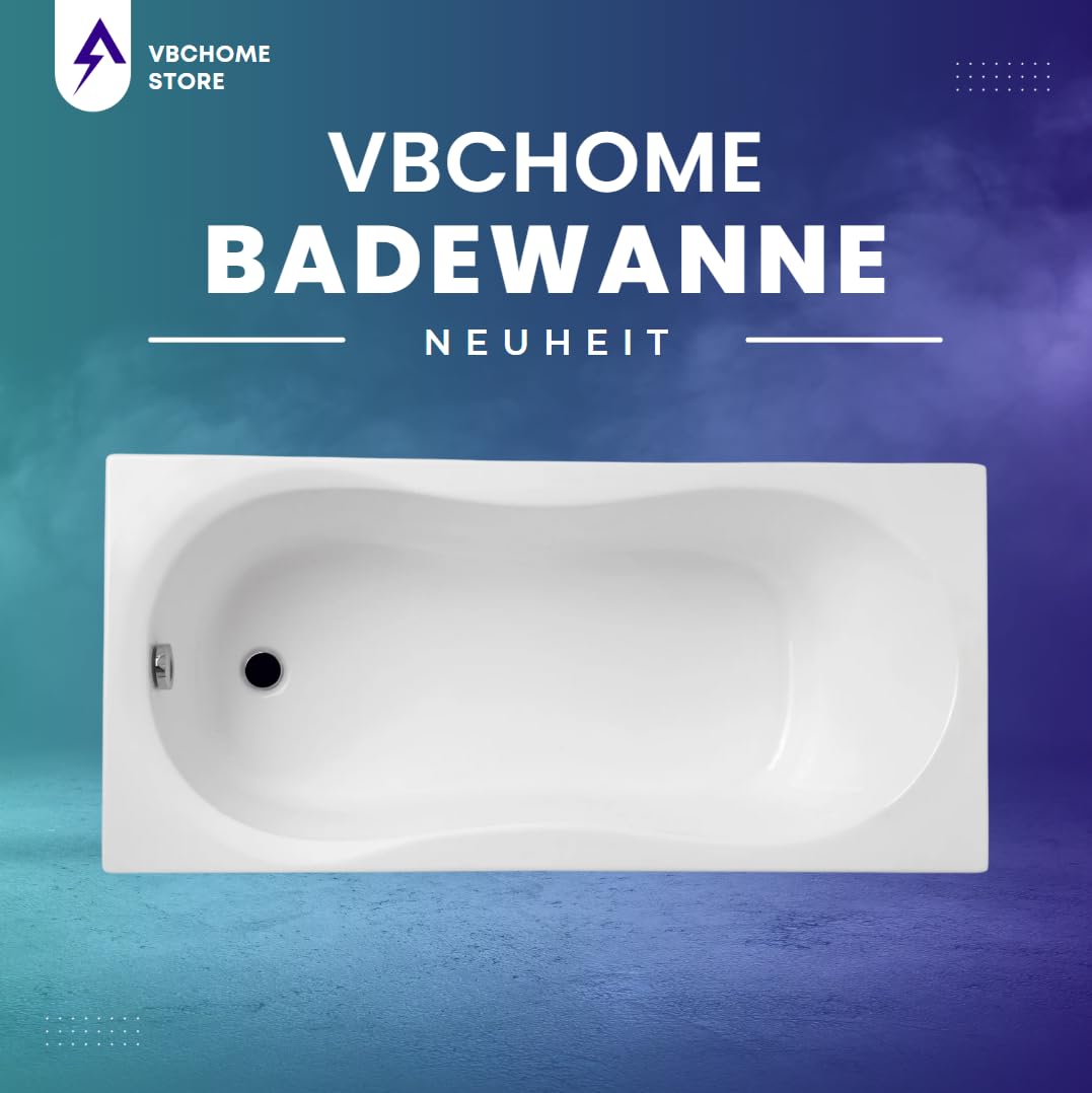 VBChome Badewanne 180x80 cm Weiß Acryl Schürze Wannenfüße Siphon Rechteckig Wanne Abfluss Design Modern Ablaufgarnitur in Chrom Badewanne mit Schürze