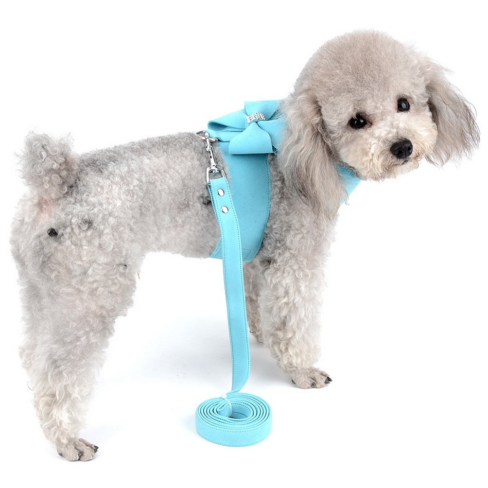 SELMAI Small Pet Dog Cat Bling Rhinestone Harness and Leash Set Bow Girls Soft Ultra Suede Leather, Adjustable/No Pull