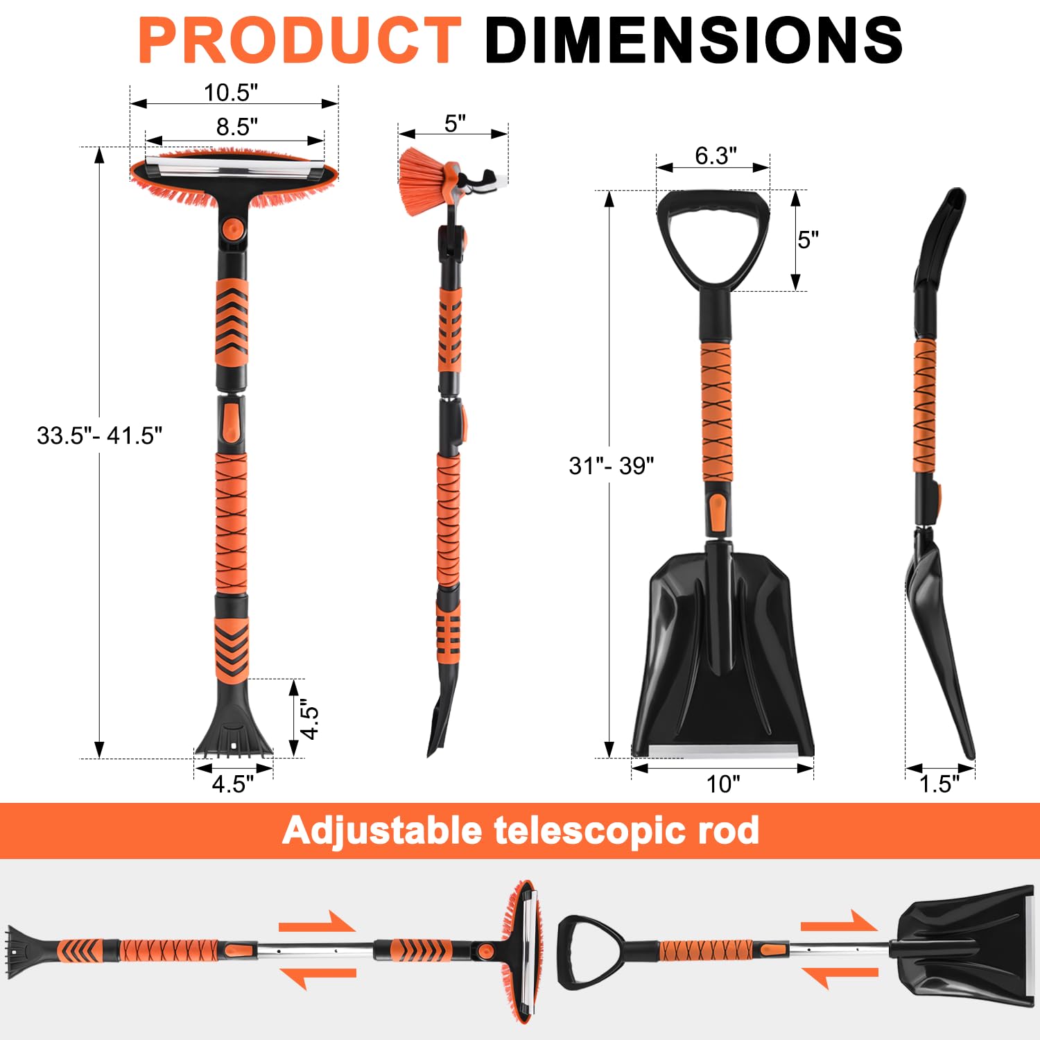 Auto Schneebesen und Schaufel Kit, 106,7 cm ausziehbarer Eiskratzer mit 180° schwenkbarem Kopf & ergonomischem Griff – 99,1 cm zusammenklappbare Notfall-Schneeschaufel für Auto, SUV, LKW
