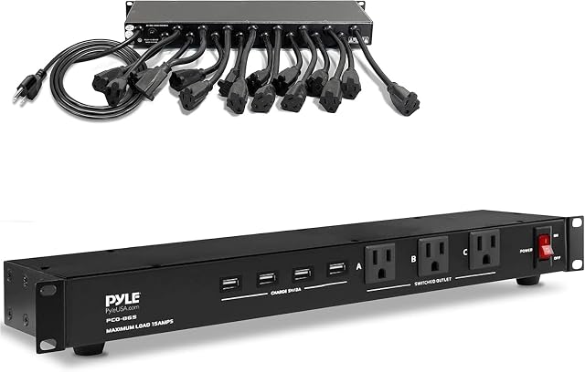 Pyle 19 prises 1U 19" Rackmount PDU centre de distribution d'alimentation, barre de conditionnement, protecteur de surtension 15 Amp, disjoncteur, 4 ports de charge USB multi-appareils, cordon de 15 pi