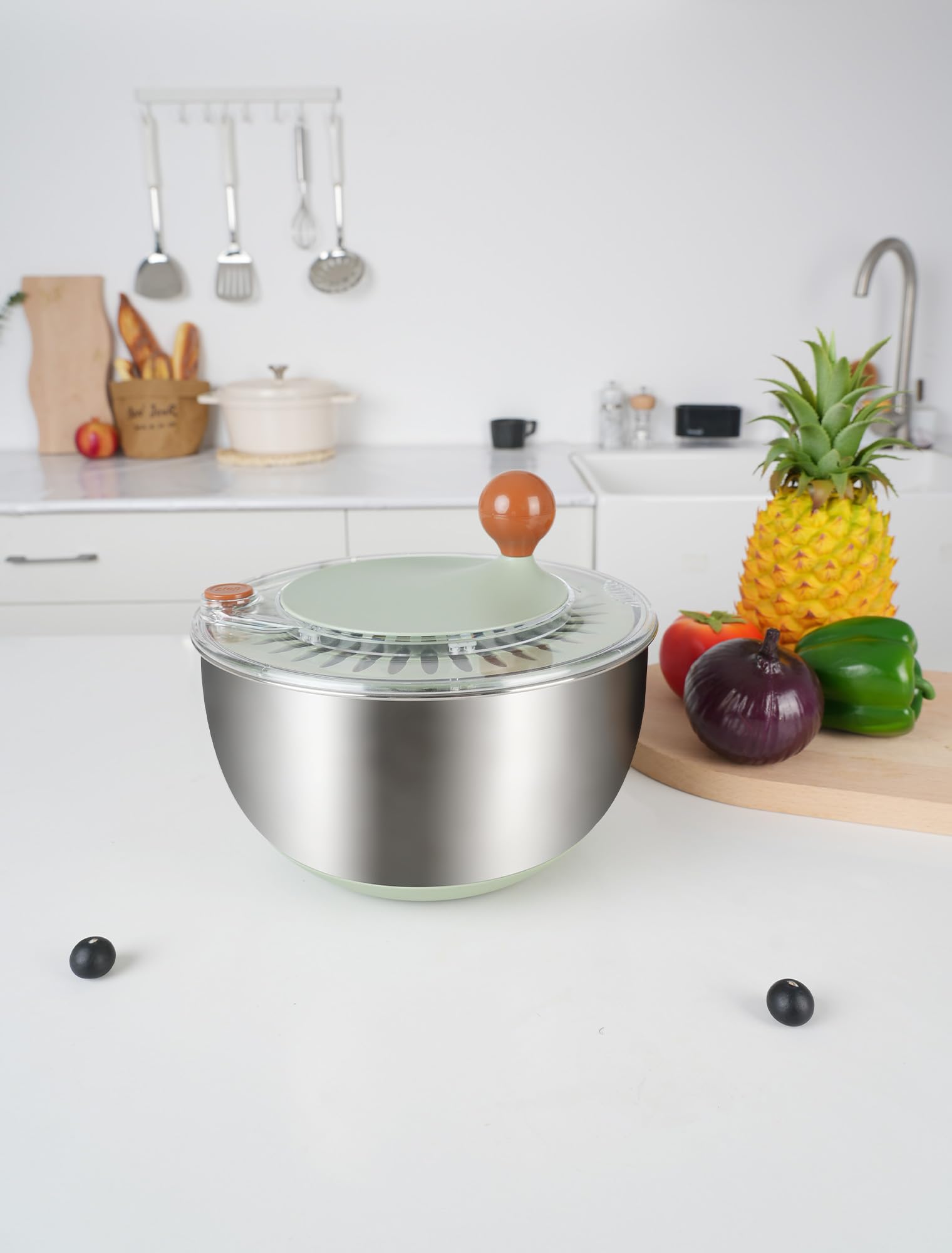 Lunememo 5L Essoreuse à Salade en Acier Inoxydable 18/10, Base Antidérapante, Bouton Stop, Utilisable en Saladier Inox, Sans BPA