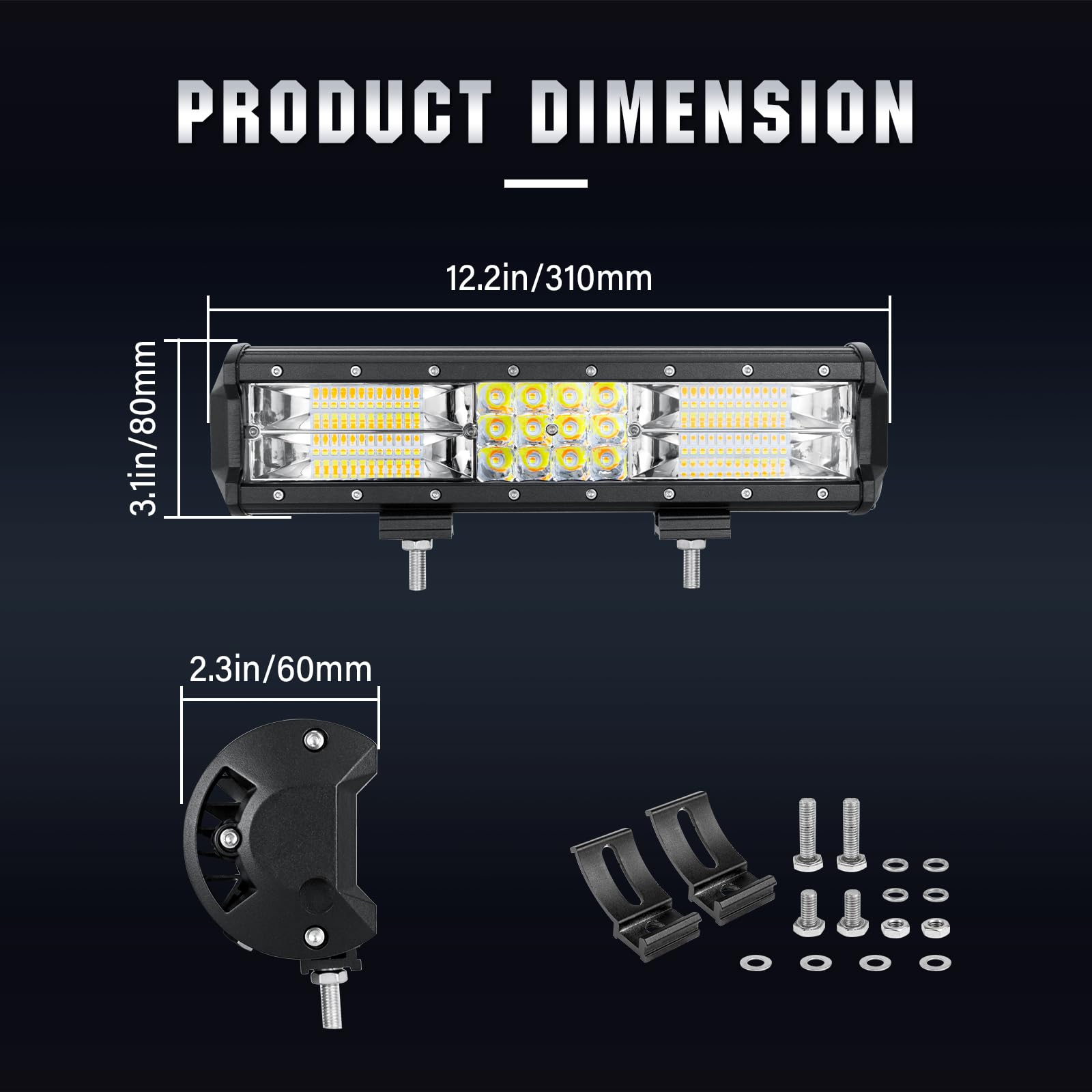 RIGIDON Stroboskopowa listwa świetlna, 12 cali 30 cm 180 W 12 V 24 V listwa oświetleniowa led, pomarańczowo-białe światło przeciwmgielne do pojazdów offroad samochodów ciężarowych SUV ATV 4x4, 3000K