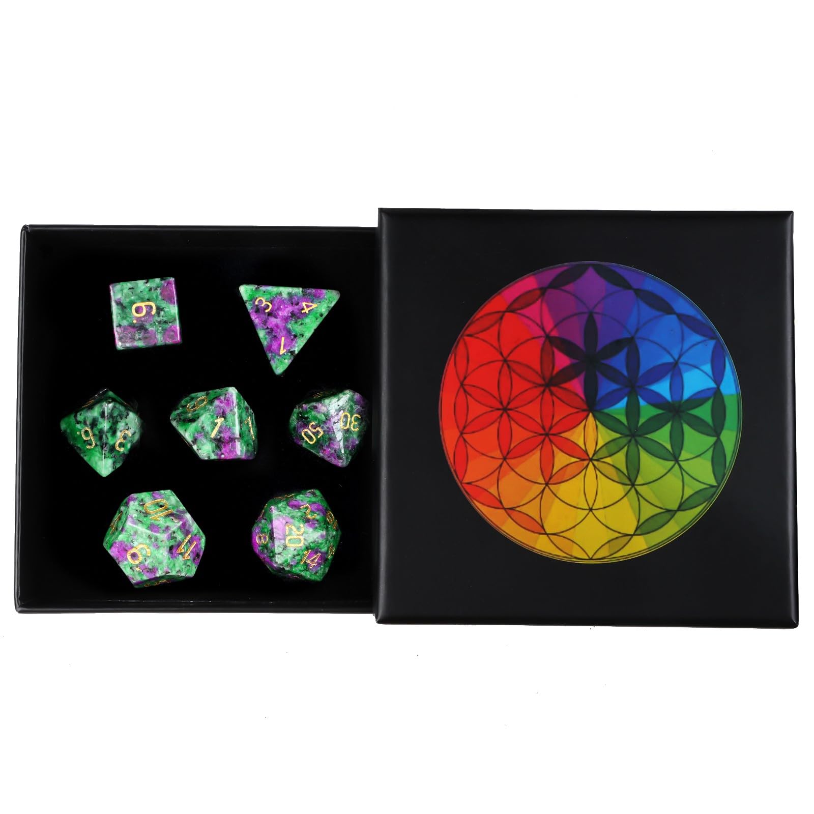 dssmboom Set of 7 Ruby in Fuchsite Stone DND Polyhedral Dices with Box for RPG MTG Table Games Healing Crystal Dices Set for Home Decor &Collection - Image 2