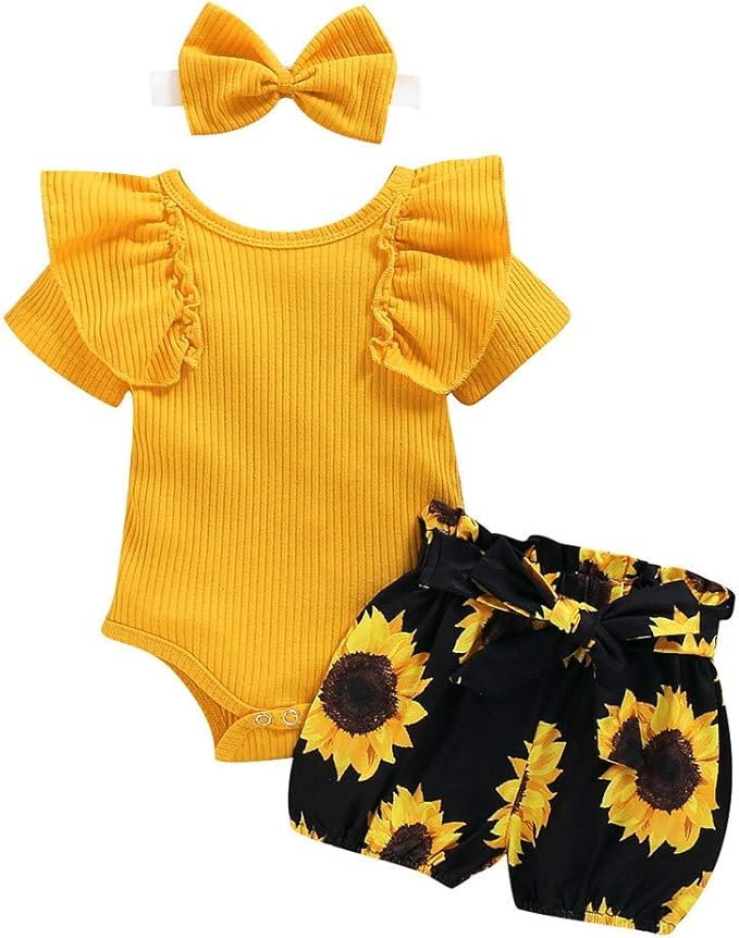 Amazon Co Jp ロンパース 女の子 Mjhaiuehv ベビー服 女の子 70 夏 男の子半袖 レタープリントフリルボディスーツ ボウショーツ 2点セット 可愛い カバーオール ファッショナブル ジャンプスーツ 人気 カバーオール 新生児 出産祝い 誕生日プレゼント イエロー 70 服