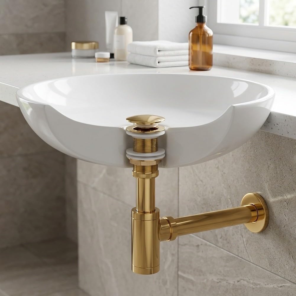 Sifón Lavabo Cobre con Rebosadero para dorado Ajustable Sifón(Pipe+Stopper)