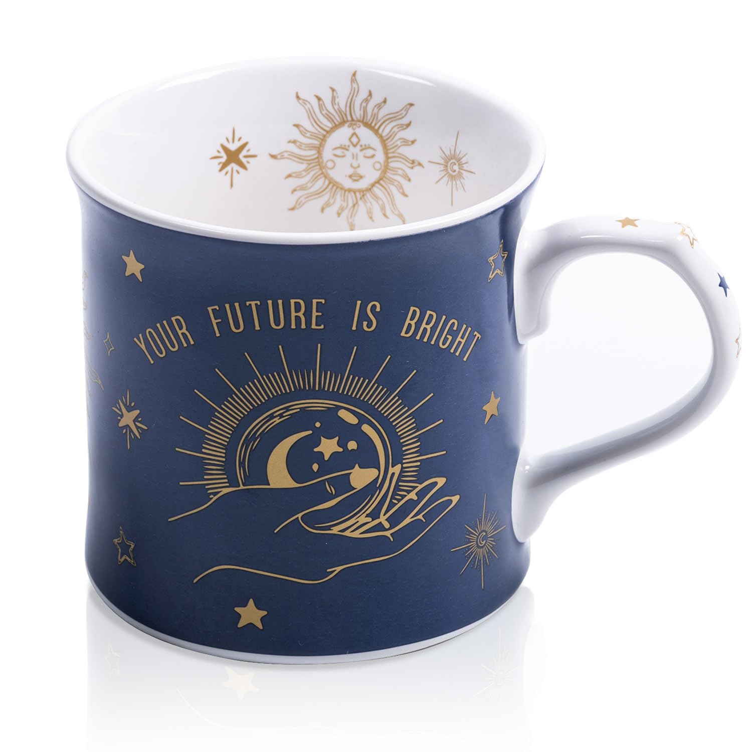 Blue Celestial Coffee Mug, "Your Future is Bright" Inspirational Theme Ceramic Mug, 12 oz New Bone China Mug with Tarot Symbols of Sun, Moon &amp; Stars, Designed in England by Harvest Green Studio