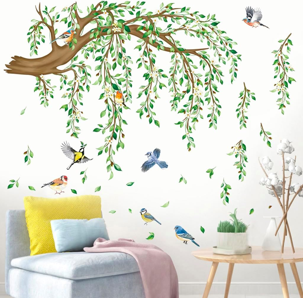 Large Tree Sticker Green Hanging Plants Wall Sticker Birds Flower Branches Wall Art Decals Wall Murals Peel and Stick Nature for Living Room Bedroom TV Wall