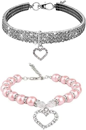WoYous Juego de collar de perro de diamantes de imitación y collar de perlas para perro, correa ajustable para el cuello, collar de perlas de