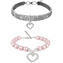 Rhinestone & Pearl Dog Collar & Necklace Set, Adjustable, Small Dogs/Cats, Female, Elegant, Heart-Shaped Pearl, 20cm Chain