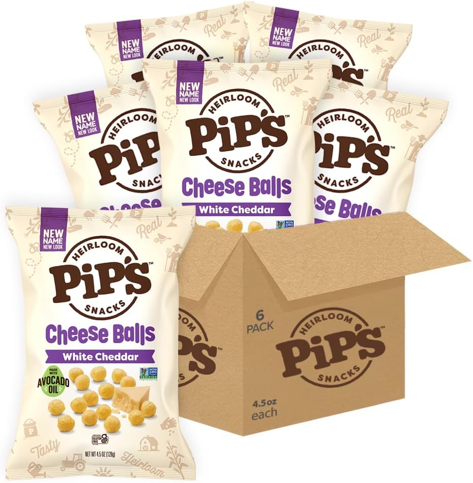 - Pip’s Heirloom Baked White Cheddar Cheese Balls – 4.5 oz Bags (6 pk) | Made With Real White Cheddar, Heirloom Corn & Avocado Oil, Baked Not Fried, Seed Oil and Gluten Free, Non-GMO