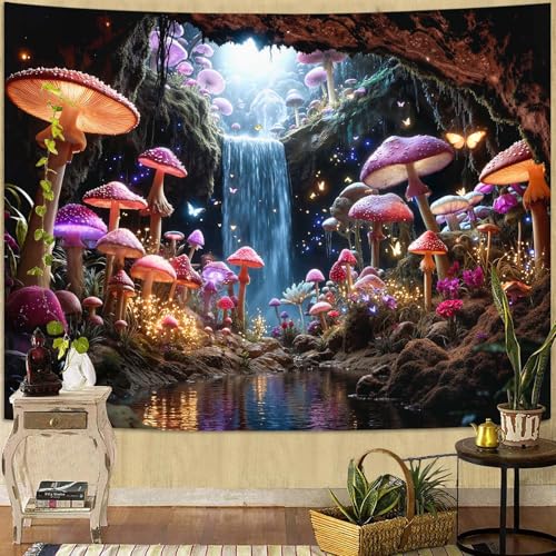 Zussun Fantasy Mushroom Waterfull Tapestry Fairy Butterfly Cave Wall Tapestry for Bedroom Aesthetic Nature Magic Floral Small Tapestries Wall Hanging for Dorm Living Room Decor 48 x 36 Inch