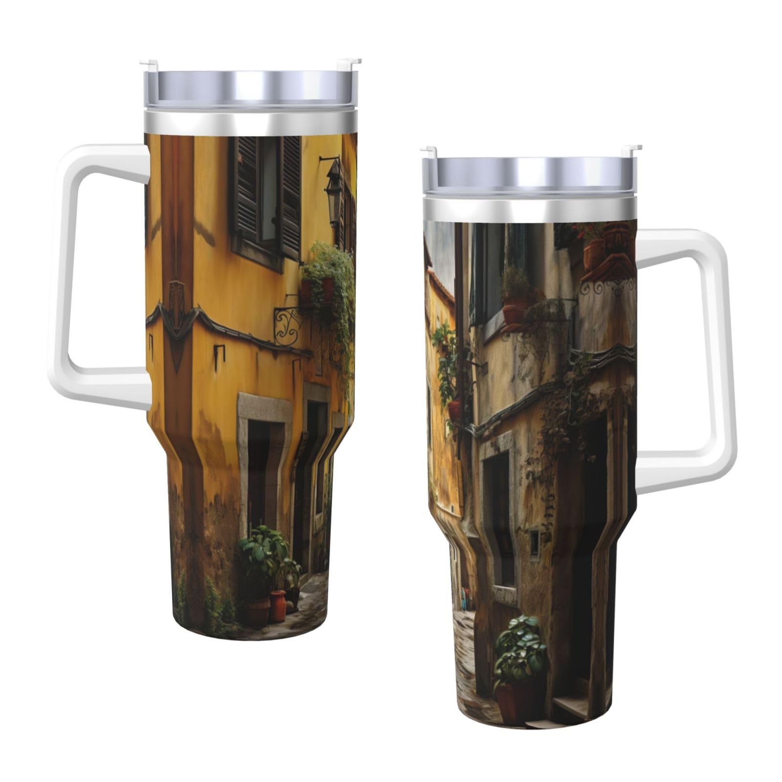 Italian Old Street Wasserflasche aus Edelstahl, doppelwandig, isoliert, mit Griff und Strohhalm-Deckel, 1,2 l