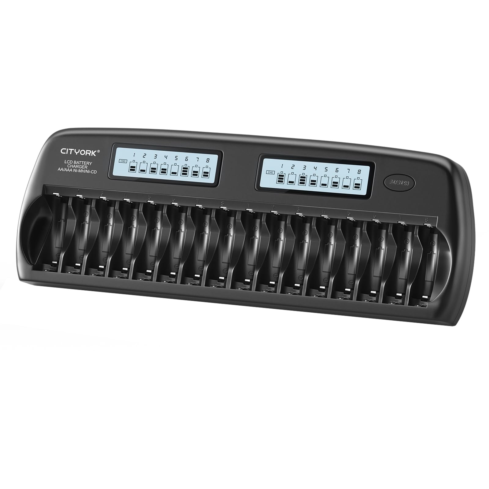 CITYORK LCD Chargeur de Piles AA AAA 16 Slot pour Piles Rechargeables AA/AAA Ni-MH Ni-CD avec Protection IC intégrée et Bloc d'alimentation (Chargeur Inclus)