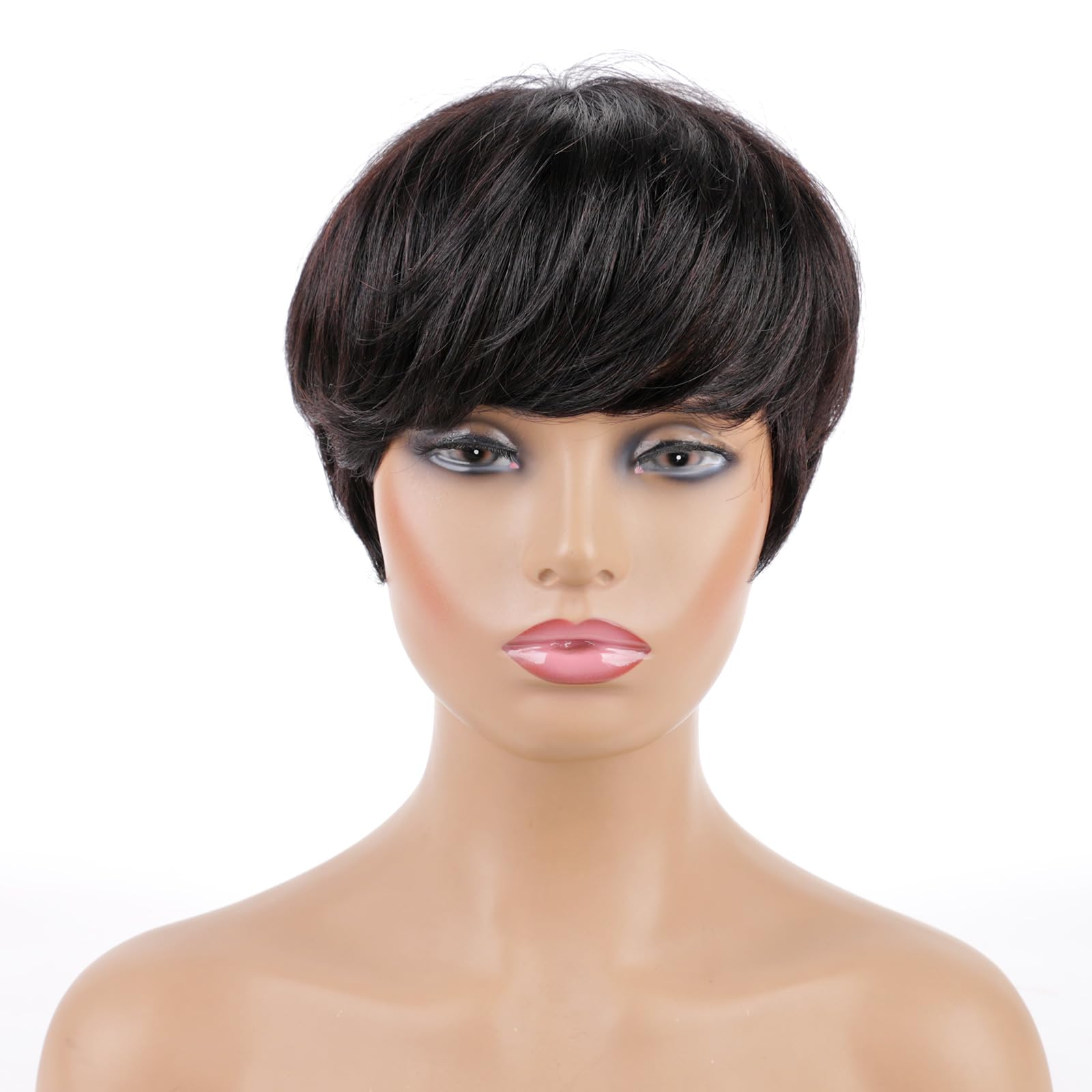 Huarisi Short Layered Pixie Cut Wig with Bangs Human Hair for Black Women Glueless Bob Wigs None Lace Natural Black Straight Breathable Daily Use 1B - Image 2