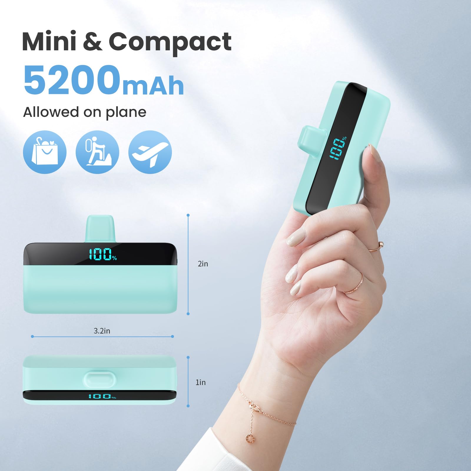 Feob Mini Power Bank per iPhone 16/15 Serie, 5200mAh USB C Caricatore Portatile Ultra-Compatto Batteria Esterna Powerbank con LED Display Compatibile con iPhone 16/15 Pro Samsung iPad Pro etc-Verde