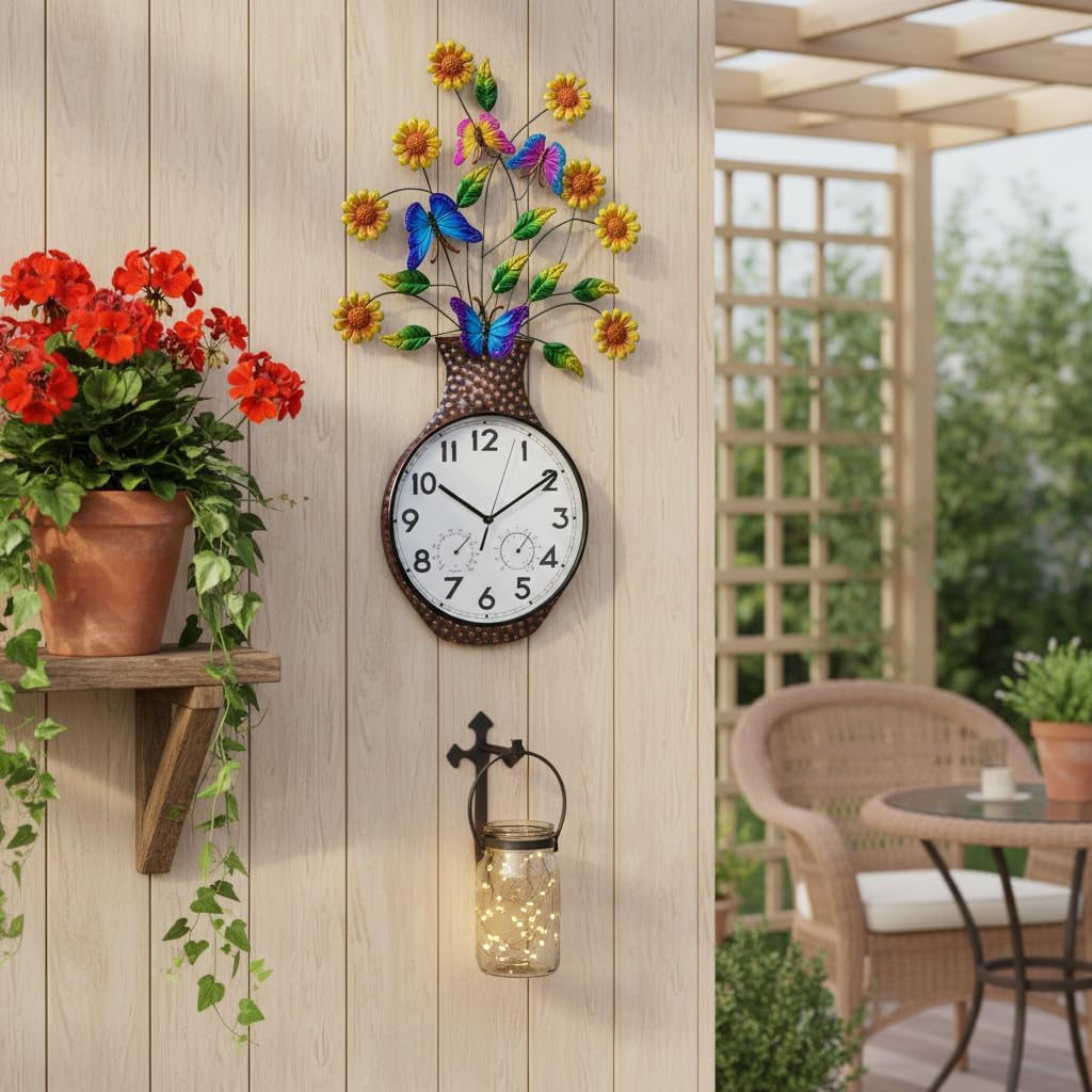 Large Outdoor Clock with Thermometer & Humidity - Silent Non-Ticking Sun Outdoor Wall Clock for Patio, Garden, Kitchen, Living Room(Silver)