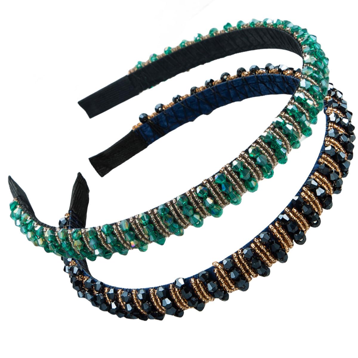 scicent Hairband 2 Pieces Crystal Rhinestone Headbands Thin Embellished Head Band Fashion Hair Bands Party Wedding Headpiece Hair Accessories for Women and Girls (Black+Green)