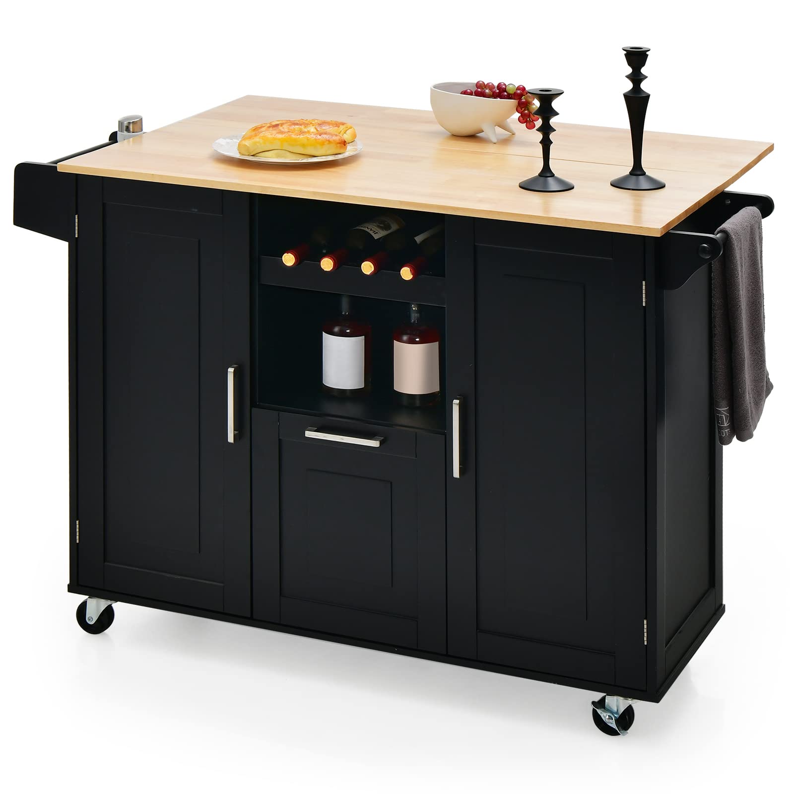 KOMFOTTEU Mobile Kücheninsel mit Arbeitsplatte, Küchenwagen mit Schublade, Flaschenhalter und 2 Türschränken, Servierwagen auf Rollen, Kücheninselwagen Holz 130x45x90 cm (schwarz)