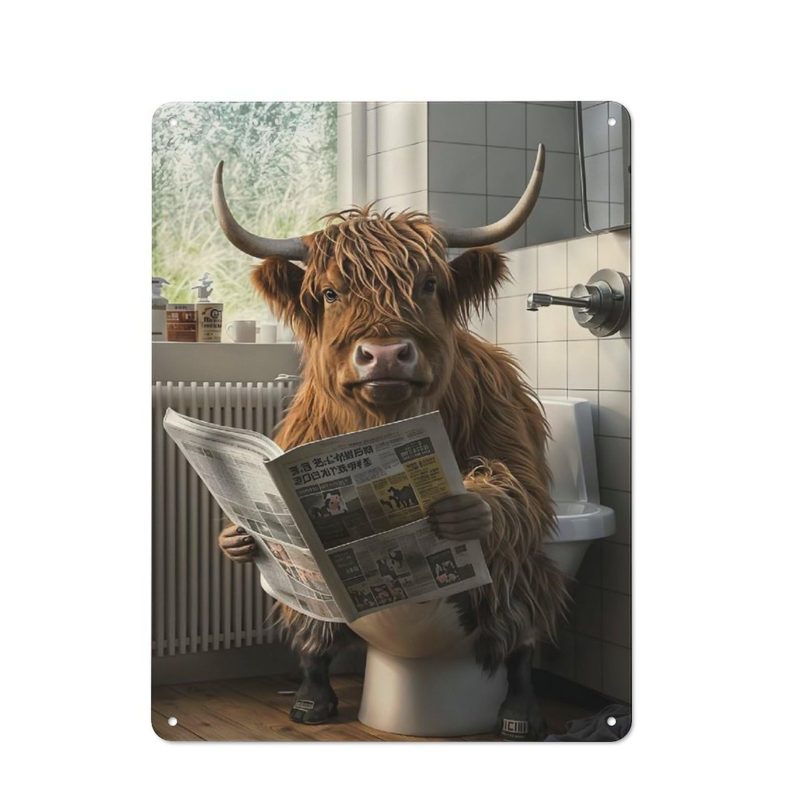 Classic Kitchen Metal Sign 40x30cm Featuring Highland Cow on The Toilet, Cafe Wall Decor for Restaurant, Kitchen, Counter Or Breakfast Nook