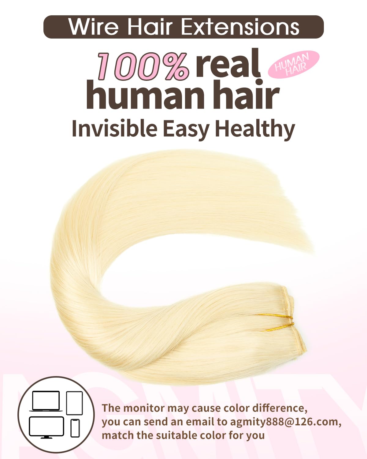 AGMITY Wire Hair Extensions Human Hair 16 Inch Bleach Blonde Hidden Removable Layered Natural Hairpiece Thick Straight with Transparent Fish Line(16 Inch #613 Bleach Blonde) - Image 2