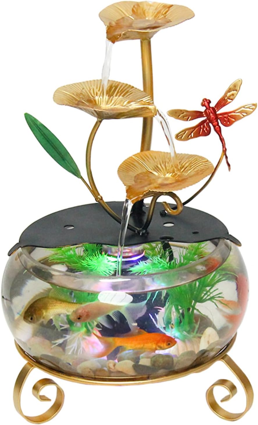 Gold Lotus Leaf Cascading Tabletop Fountain with Dragonfly and Fish Tank, Decorative Water Feature for Home or Office Zen Garden Decor